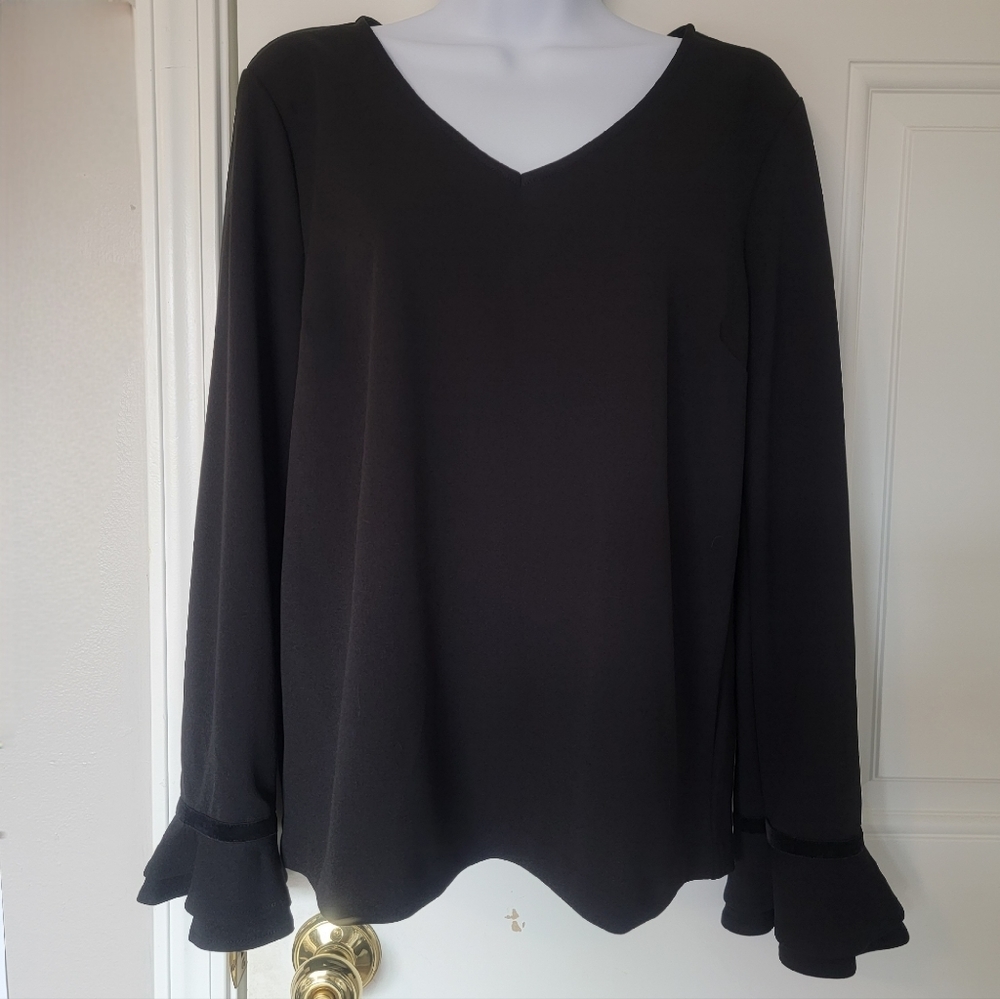 Ann Taylor long sleeve black top with velvet detail ruffle sleeves. Sz M